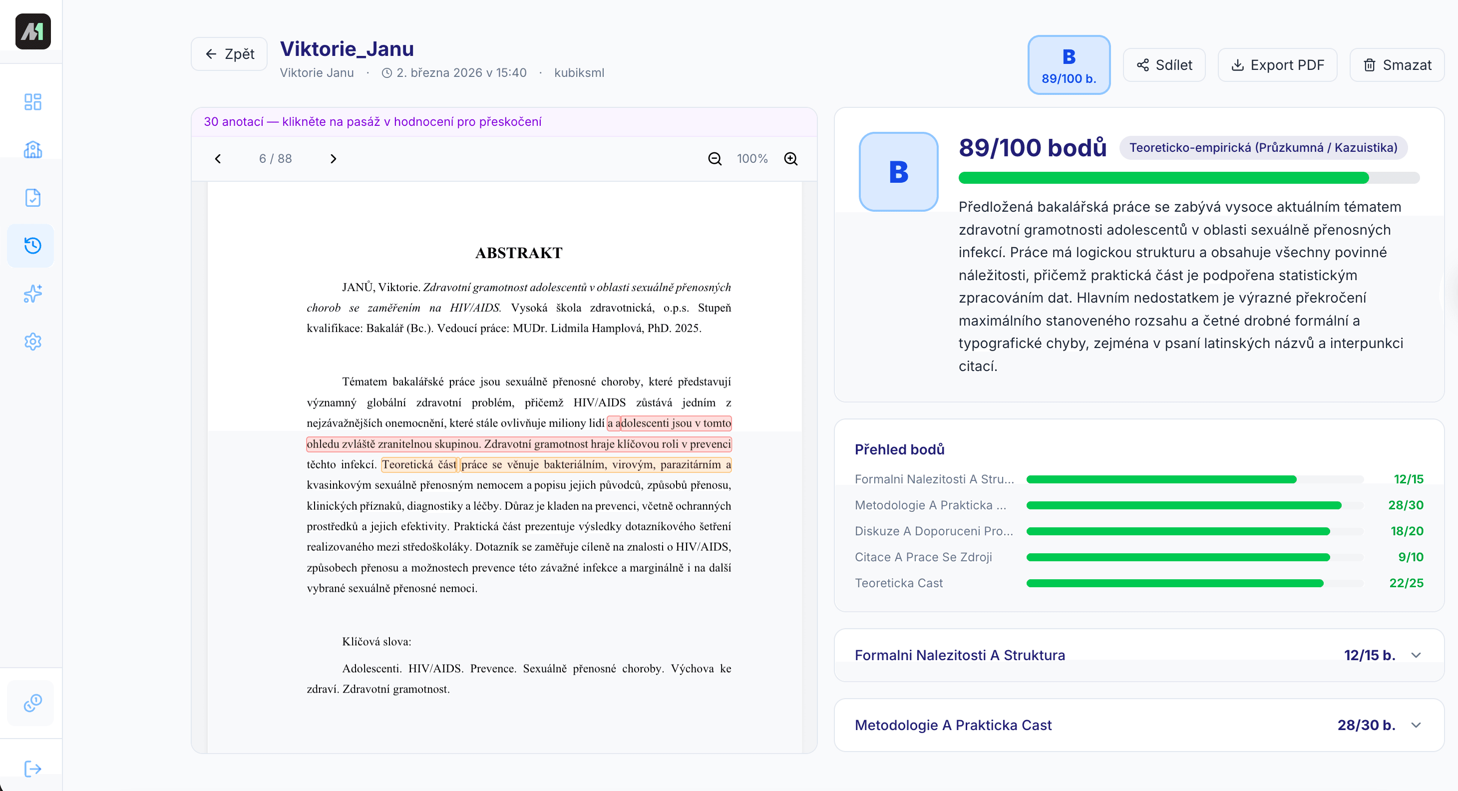Kompletní posudek s bodovým hodnocením, anotacemi a PDF náhledem