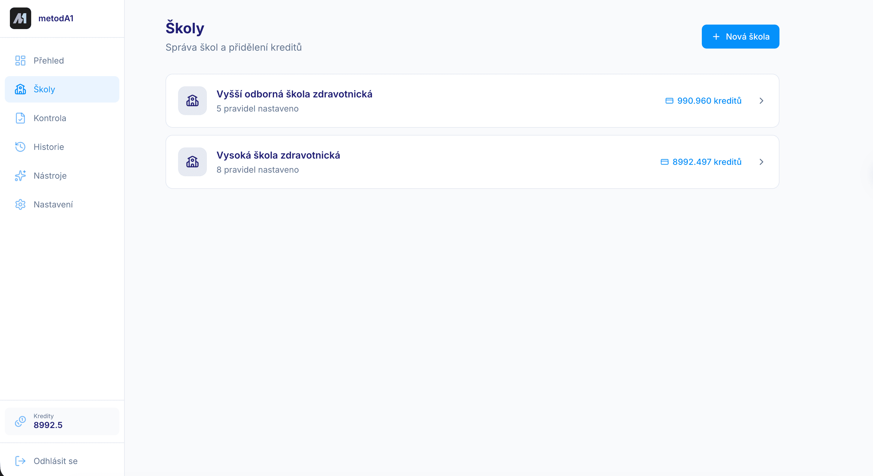 Administrátorský panel pro správu škol a kreditů